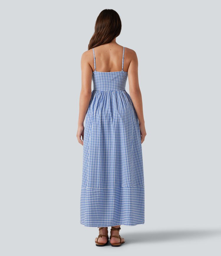 Invisible Zipper Gingham Flowy Maxi Casual Slip Dress with Pockets