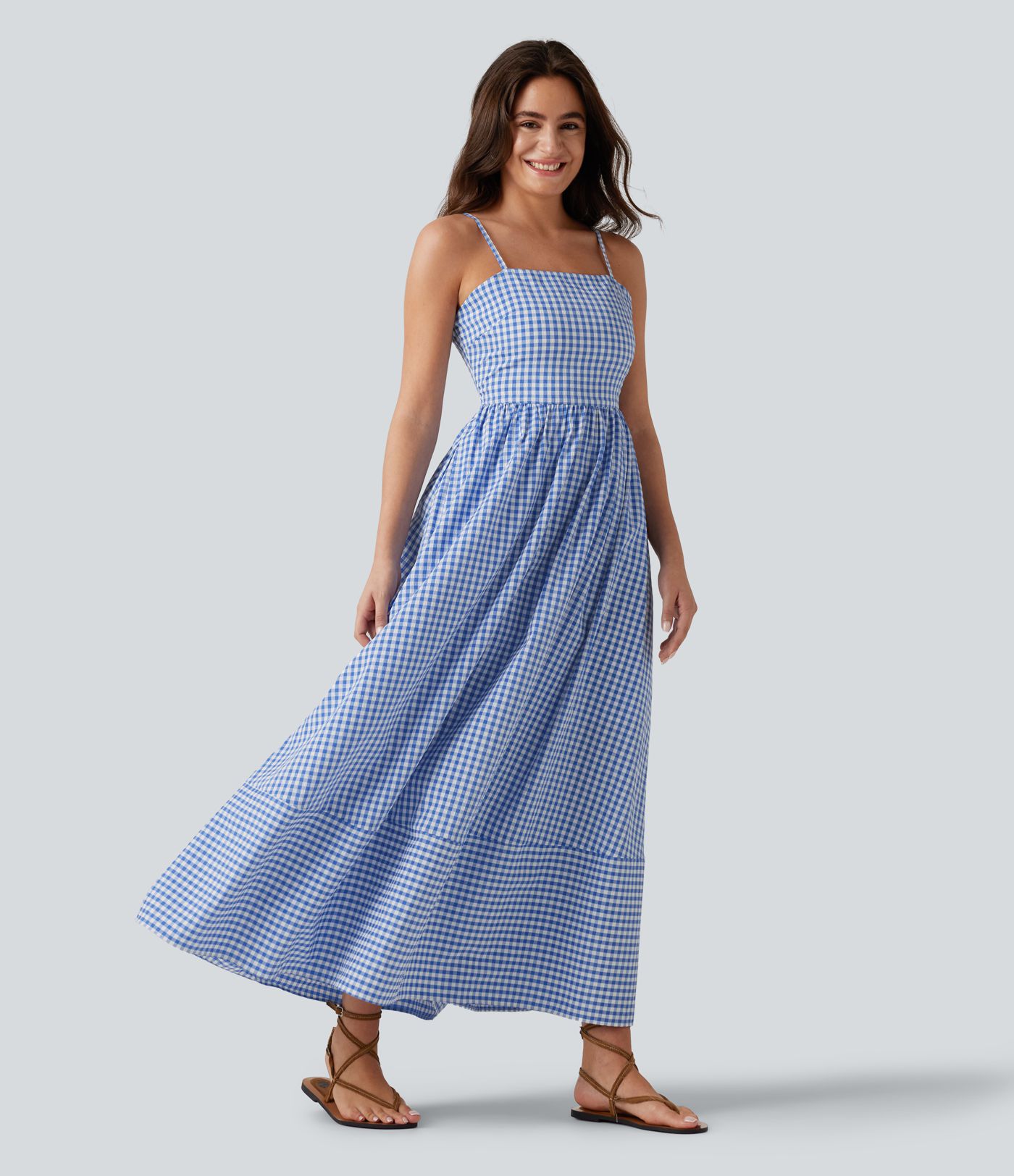 Invisible Zipper Gingham Flowy Maxi Casual Slip Dress with Pockets