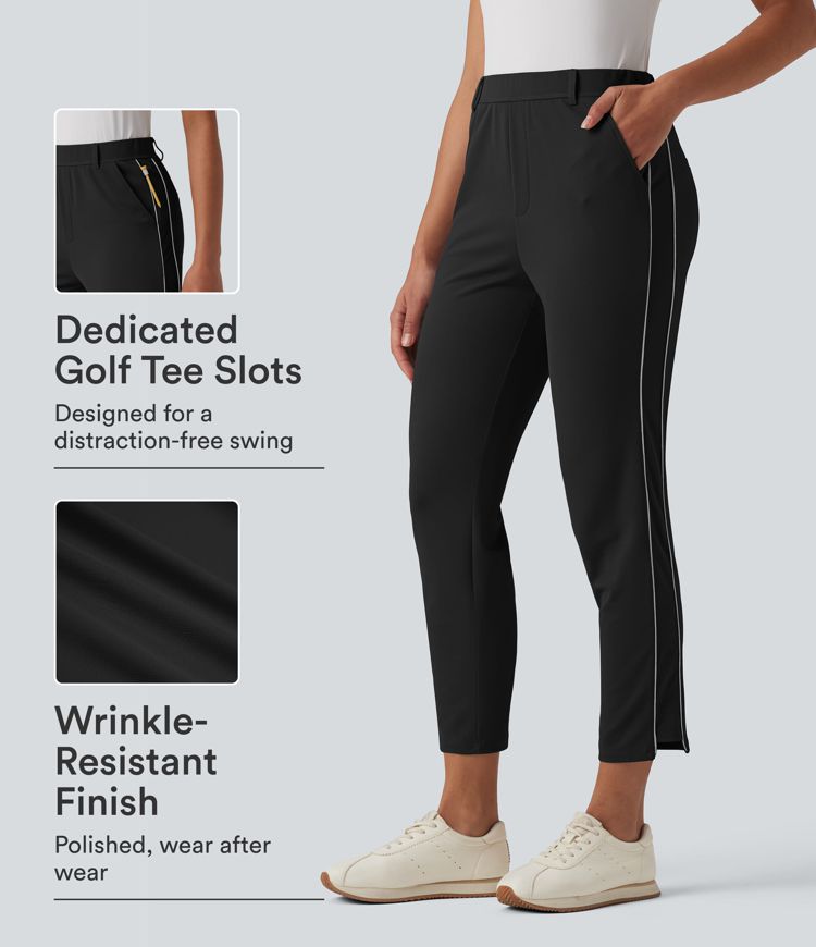 High Waisted Reflective Crepe Golf Tapered Pants-Golf Tee Pocket High Waisted Reflective Crepe Golf Tapered Pants-Golf Tee Pocket