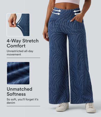 Halara Flex™ Jean taille mi-haute à effet gainant pour le ventre, à rayures zèbre, coupe décontractée à jambe large, avec poches