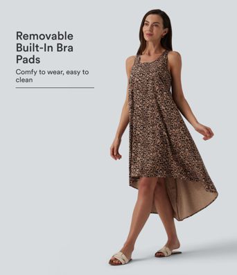 Racerback Sleeveless High Low Leopard Print Flowy Midi Resort Dress with Pockets