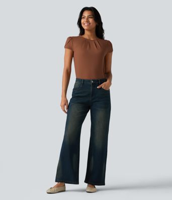 Round Neck Short Sleeve Keyhole Back Casual Blouse Round Neck Short Sleeve Keyhole Back Casual Blouse