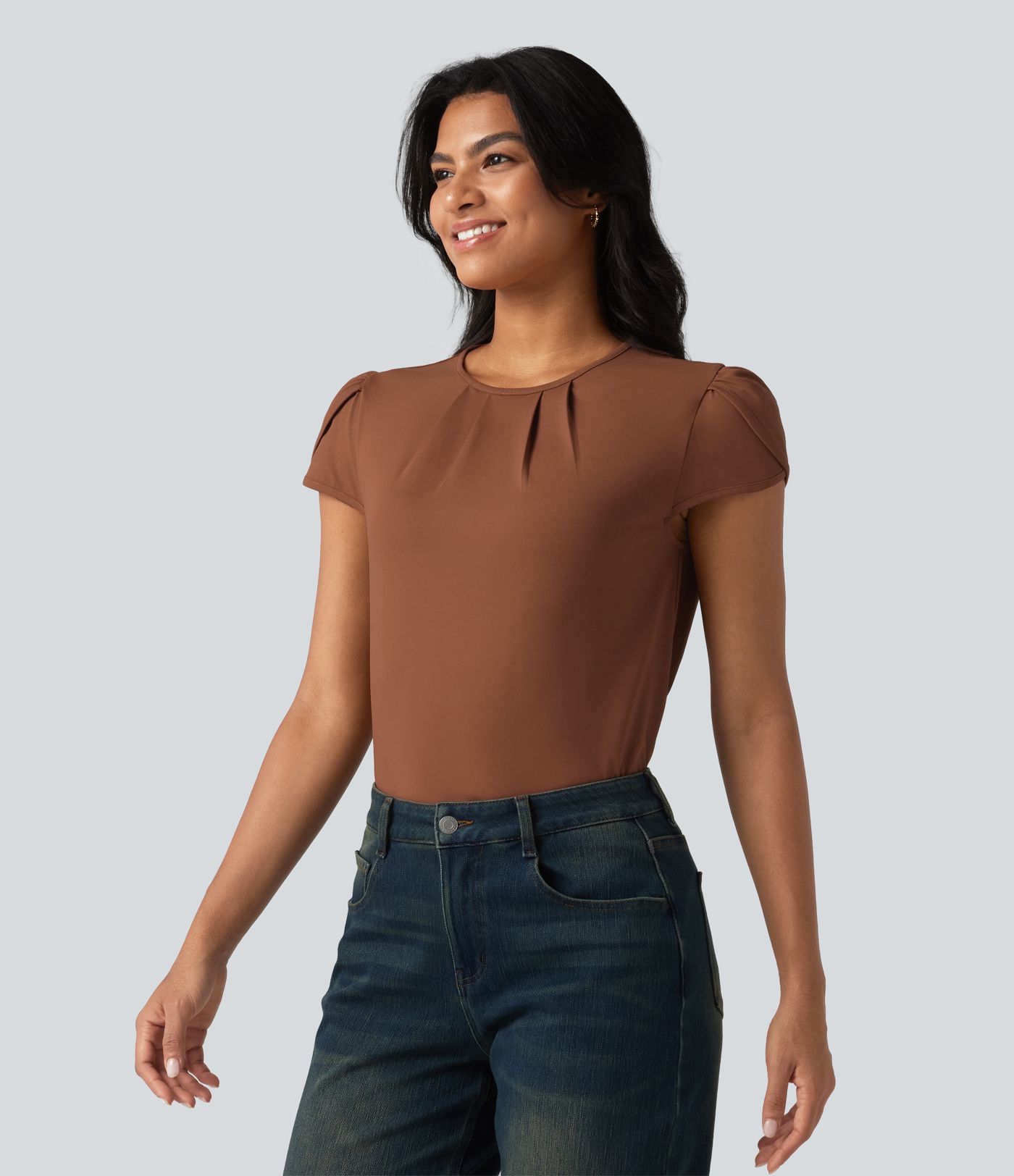 Round Neck Short Sleeve Keyhole Back Casual Blouse Round Neck Short Sleeve Keyhole Back Casual Blouse