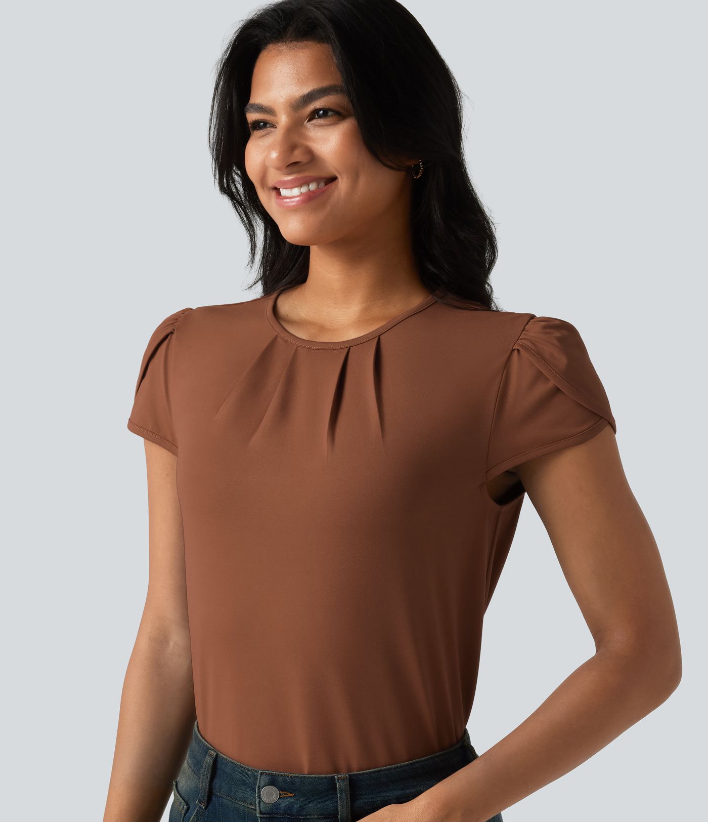 Round Neck Short Sleeve Keyhole Back Casual Blouse Round Neck Short Sleeve Keyhole Back Casual Blouse
