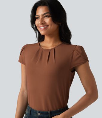 Round Neck Short Sleeve Keyhole Back Casual Blouse Round Neck Short Sleeve Keyhole Back Casual Blouse