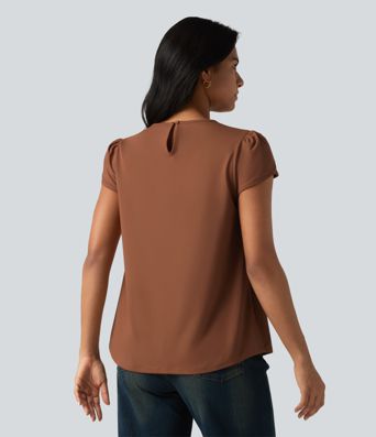 Round Neck Short Sleeve Keyhole Back Casual Blouse Round Neck Short Sleeve Keyhole Back Casual Blouse
