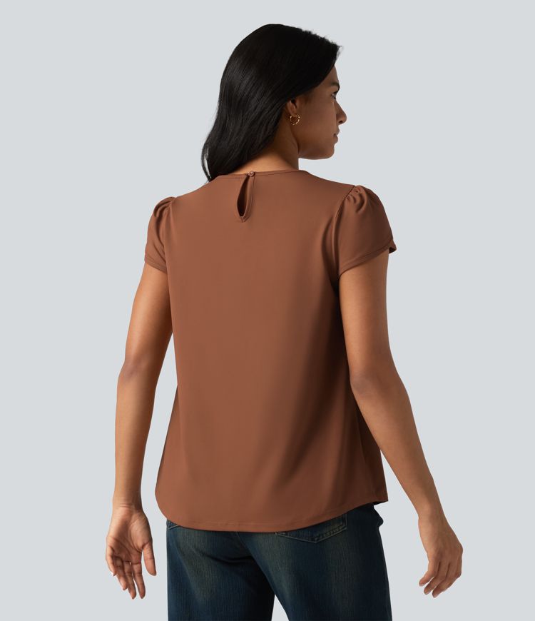 Round Neck Short Sleeve Keyhole Back Casual Blouse Round Neck Short Sleeve Keyhole Back Casual Blouse