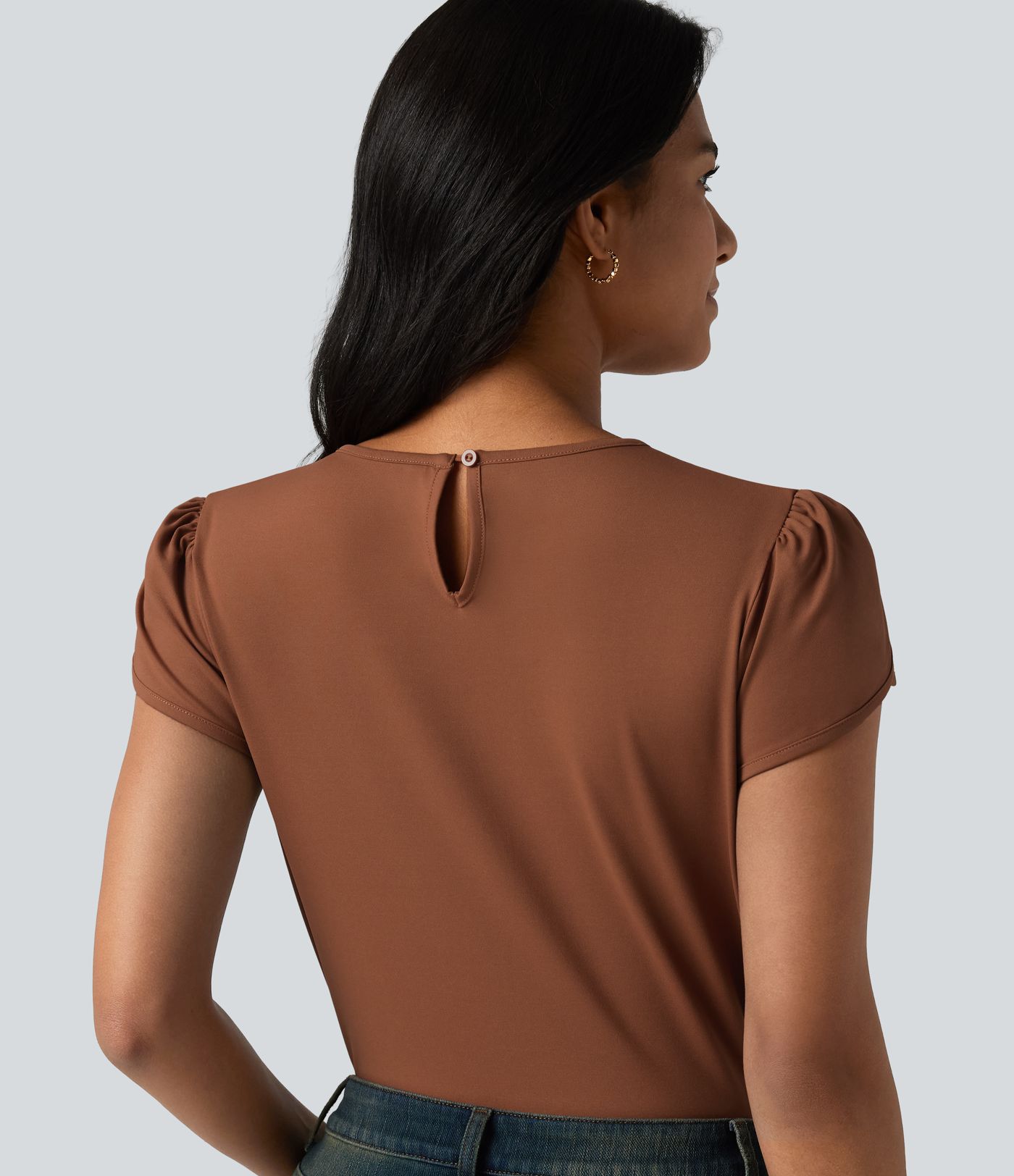 Round Neck Short Sleeve Keyhole Back Casual Blouse Round Neck Short Sleeve Keyhole Back Casual Blouse
