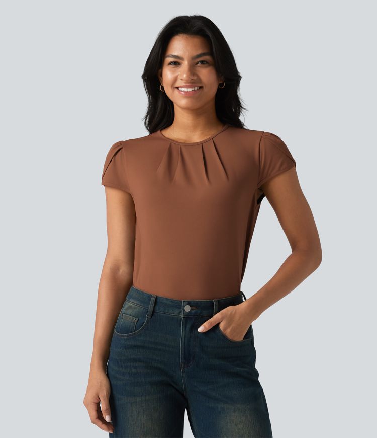 Round Neck Short Sleeve Keyhole Back Casual Blouse Round Neck Short Sleeve Keyhole Back Casual Blouse