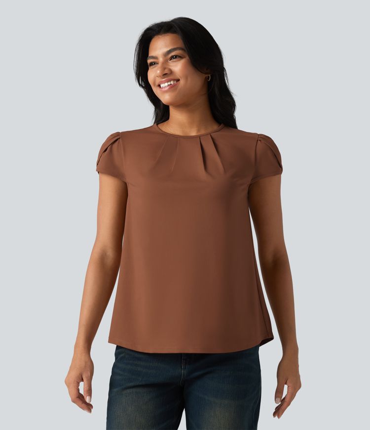 Round Neck Short Sleeve Keyhole Back Casual Blouse Round Neck Short Sleeve Keyhole Back Casual Blouse
