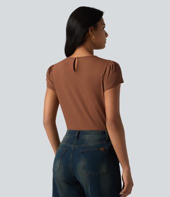 Round Neck Short Sleeve Keyhole Back Casual Blouse Round Neck Short Sleeve Keyhole Back Casual Blouse