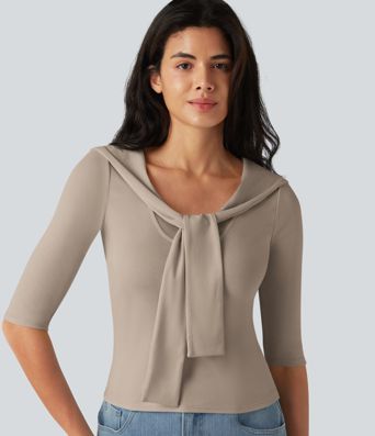 V-neck Tie Half Sleeve 2-in-1 Lyocell Casual Top