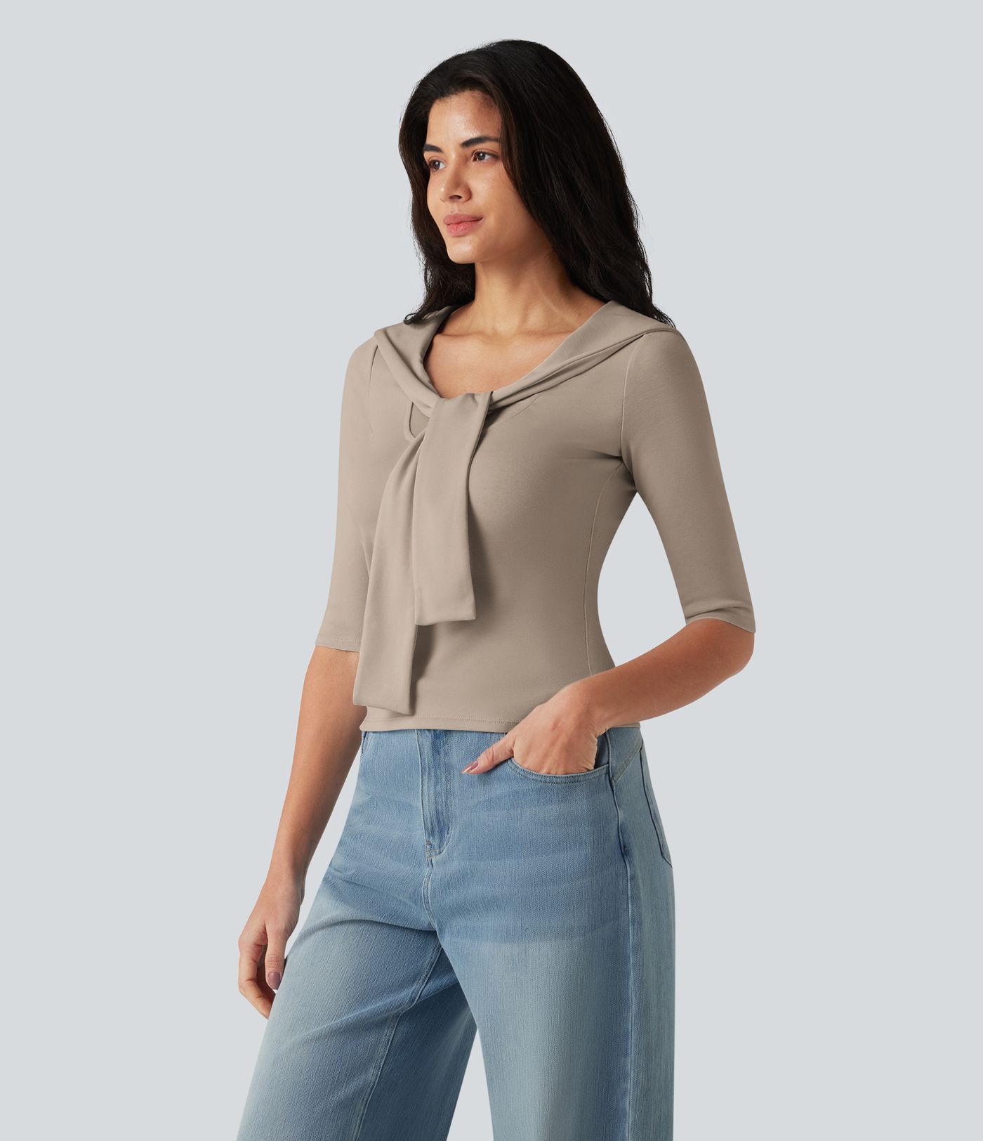 V-neck Tie Half Sleeve 2-in-1 Lyocell Casual Top