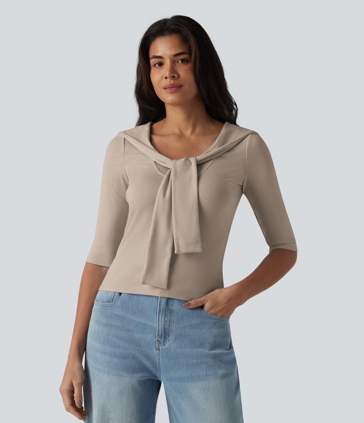 V-neck Tie Half Sleeve 2-in-1 Lyocell Casual Top