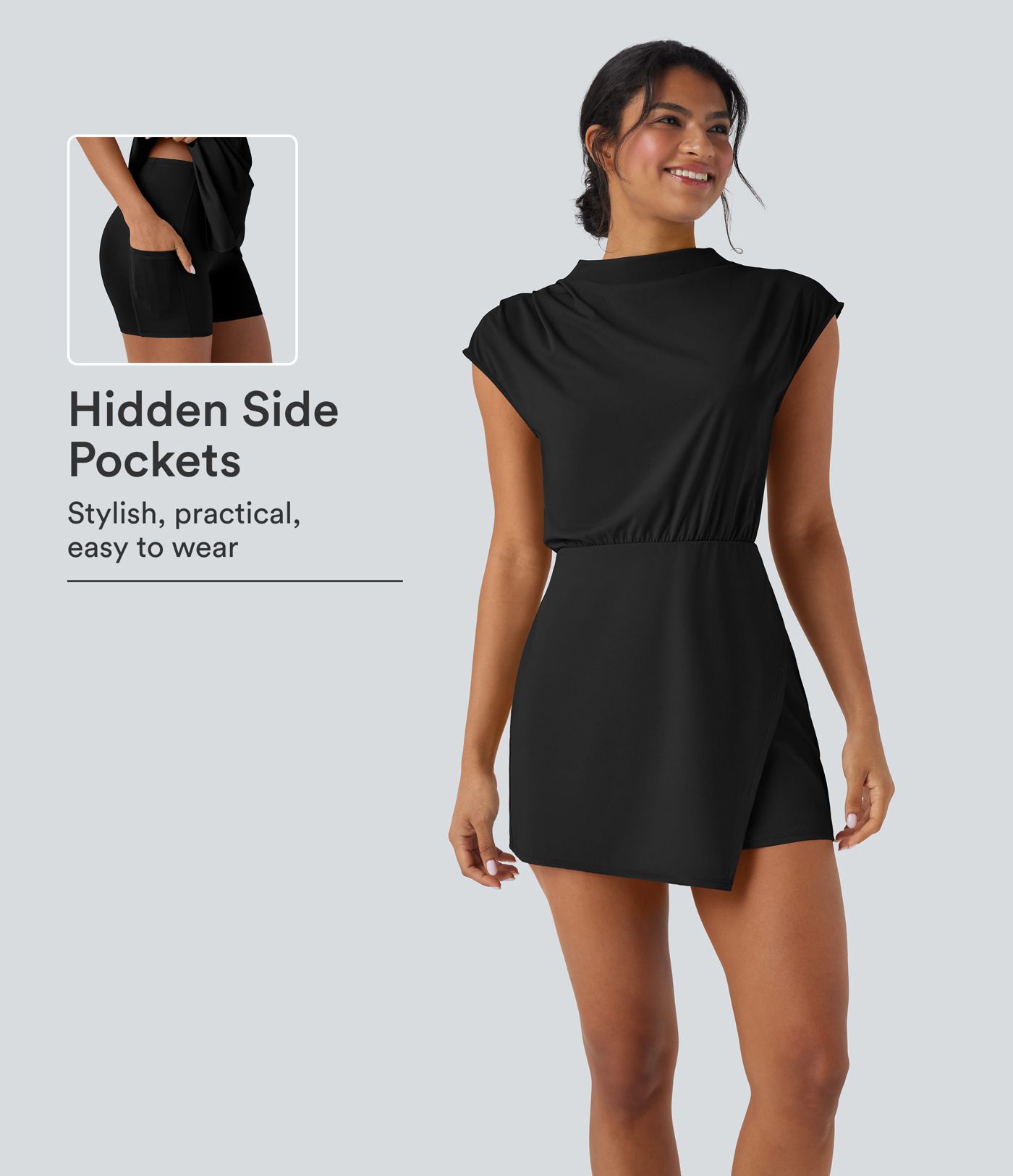 Stand Collar Cap Sleeve Quick Dry 2-Piece Mini Work Dress with Pocket-UPF40+ Stand Collar Cap Sleeve Quick Dry 2-Piece Mini Work Dress with Pocket-UPF40+