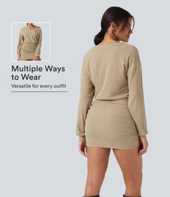 Ribbed Knit V-neck Long Sleeve Ruched Bodycon Mini Casual Dress Ribbed Knit V-neck Long Sleeve Ruched Bodycon Mini Casual Dress