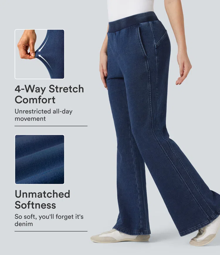 Pageant Blue Denim Halara Flex™ Mid Rise French Terry Casual Flare Sweatpants Jeans with Pockets / 1