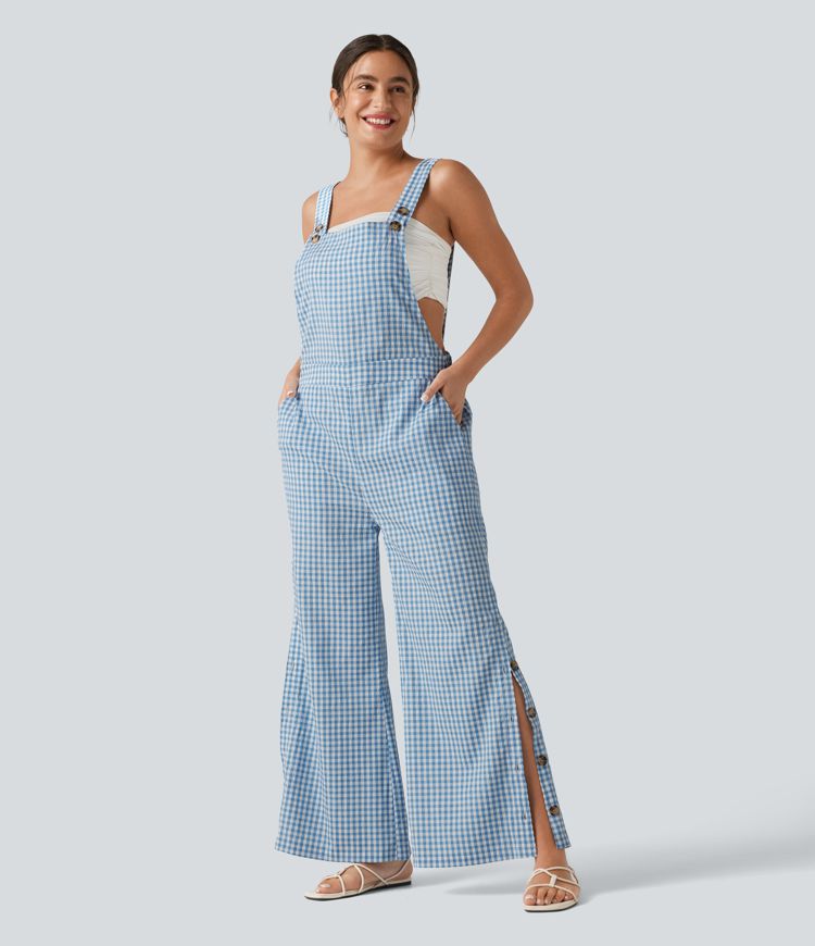 Adjustable Straps Gingham Casual Baggy Overalls with Pockets-Easy Peezy