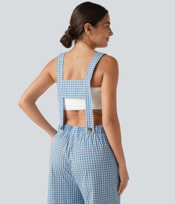 Adjustable Straps Gingham Casual Baggy Overalls with Pockets-Easy Peezy