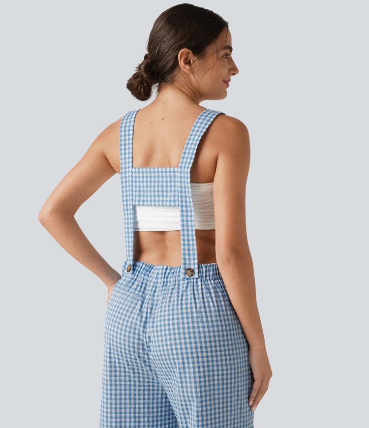 Adjustable Straps Gingham Casual Baggy Overalls with Pockets-Easy Peezy