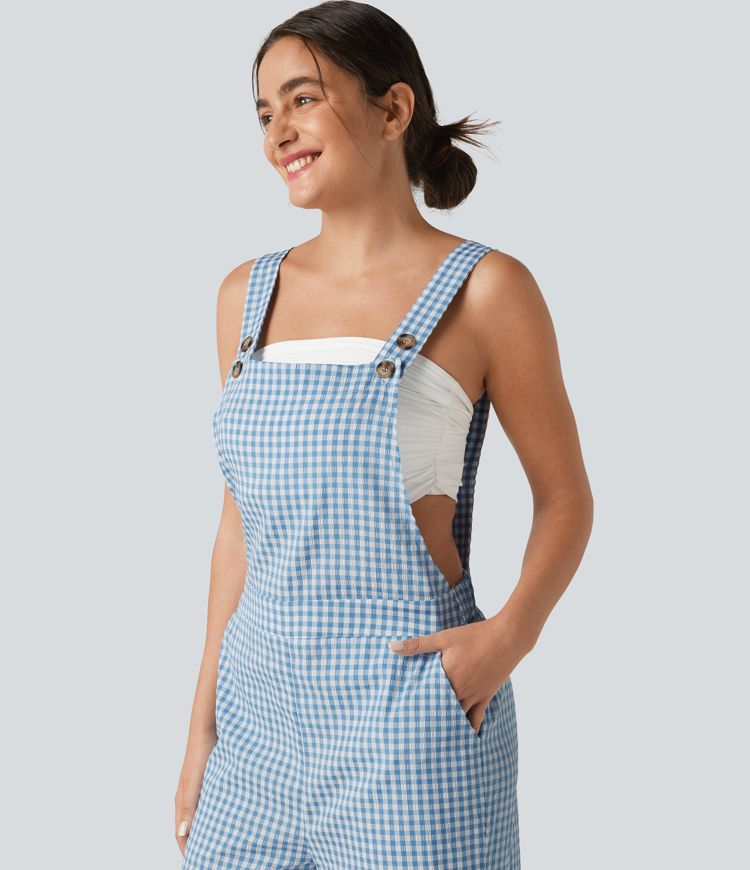 Adjustable Straps Gingham Casual Baggy Overalls with Pockets-Easy Peezy