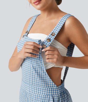 Adjustable Straps Gingham Casual Baggy Overalls with Pockets-Easy Peezy