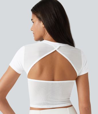 SoftlyZero™ Airy Round Neck Short Sleeve Cut-Out Back Breathable Mesh Cool Touch Running Sports Top-UPF50+