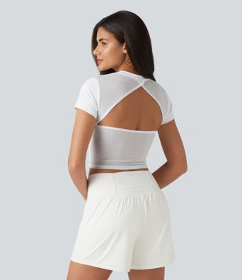 SoftlyZero™ Airy Round Neck Short Sleeve Cut-Out Back Breathable Mesh Cool Touch Running Sports Top-UPF50+