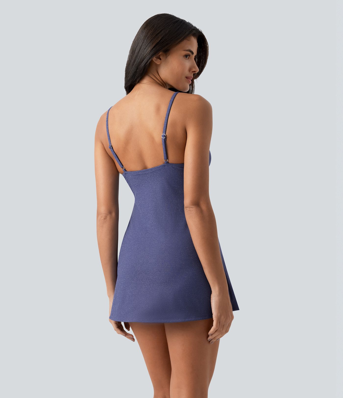 V Neck Built-in Bra Tummy Control One-Piece Metallic Swimsuit with Pockets