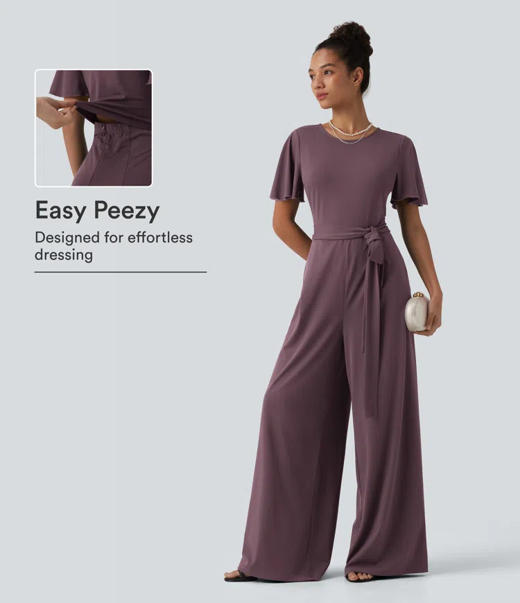 Plum Wine Round Neck Short Sleeve Tie Front Wide Leg Jumpsuit with Pockets-Easy Peezy Edition / 1
