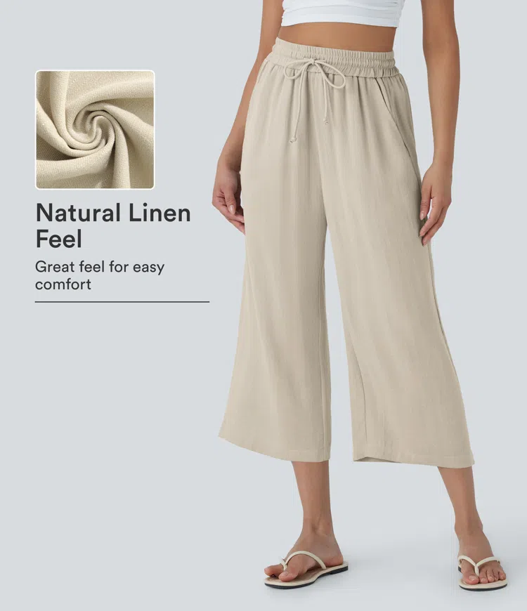Whisper White High Waisted Drawstring Wide Leg Cropped Casual Linen-Feel Pants with Pockets / 1