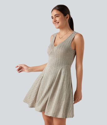 Ribbed Knit V Neck Flare Mini Casual Tank Dress with Pockets