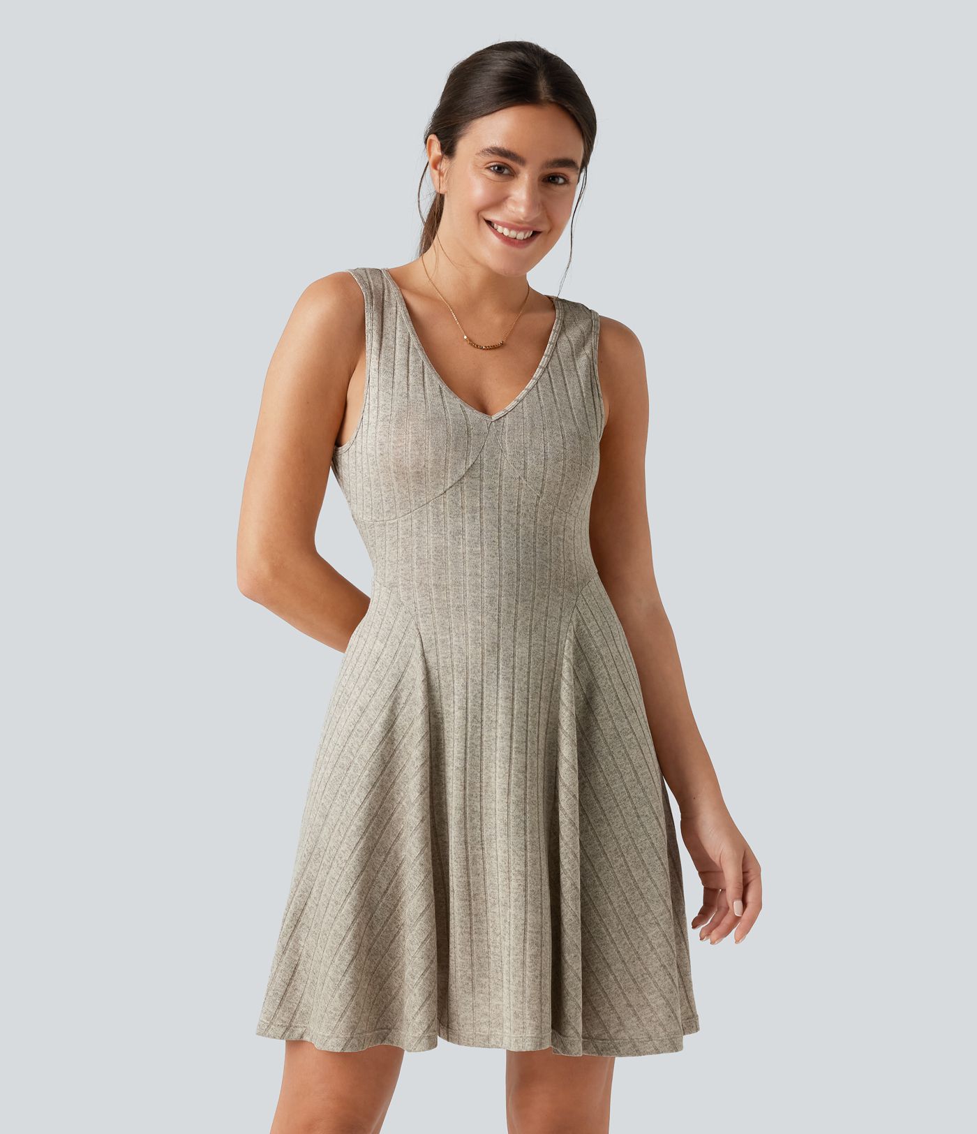Ribbed Knit V Neck Flare Mini Casual Tank Dress with Pockets