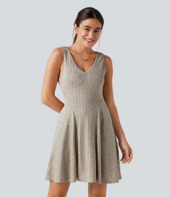 Ribbed Knit V Neck Flare Mini Casual Tank Dress with Pockets