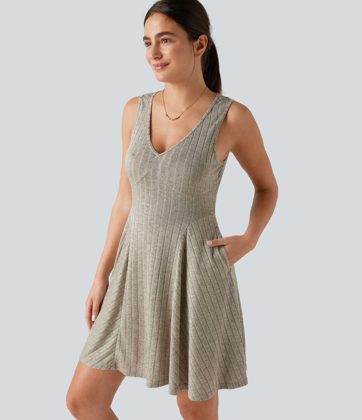 Ribbed Knit V Neck Flare Mini Casual Tank Dress with Pockets