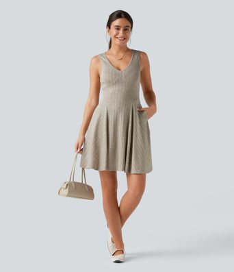 Ribbed Knit V Neck Flare Mini Casual Tank Dress with Pockets