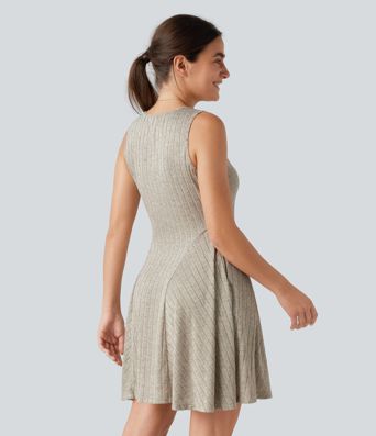 Ribbed Knit V Neck Flare Mini Casual Tank Dress with Pockets