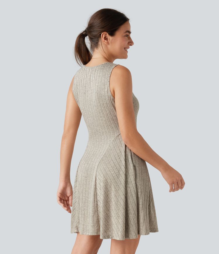 Ribbed Knit V Neck Flare Mini Casual Tank Dress with Pockets