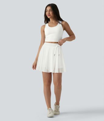 High Waisted Drawstring Contrast Mesh 2-in-1 Pocket Flowy Mini Flare Casual Skirt-Longer Length