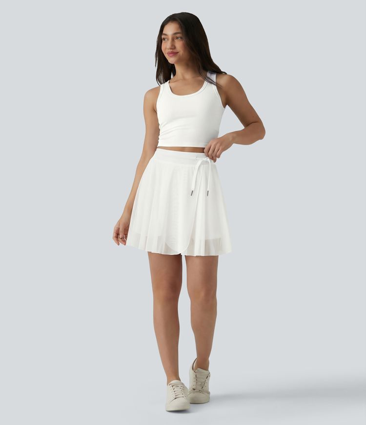 High Waisted Drawstring Contrast Mesh 2-in-1 Pocket Flowy Mini Flare Casual Skirt-Longer Length