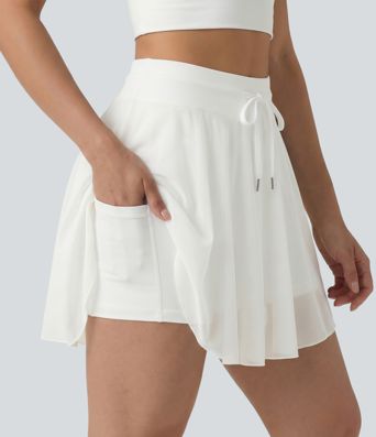 High Waisted Drawstring Contrast Mesh 2-in-1 Pocket Flowy Mini Flare Casual Skirt-Longer Length