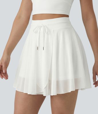 High Waisted Drawstring Contrast Mesh 2-in-1 Pocket Flowy Mini Flare Casual Skirt-Longer Length