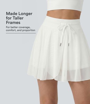 High Waisted Drawstring Contrast Mesh 2-in-1 Pocket Flowy Mini Flare Casual Skirt-Longer Length