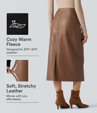 High Waisted Invisible Zipper Split Stretchy PU Fleece Midi Work Pencil Skirt