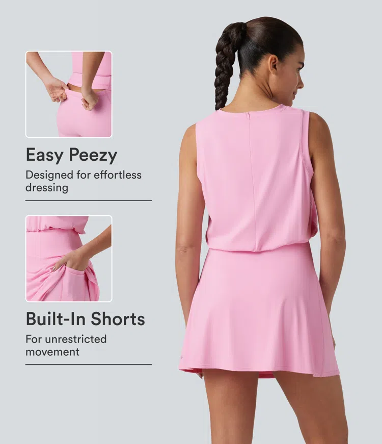 Nosegay SoftlyZero™ Luftiges, ärmelloses 2-in-1 Mini-Yoga-Active-Kleid mit Rundhalsausschnitt, Cool-Touch und Taschen – Easy Peezy / 1