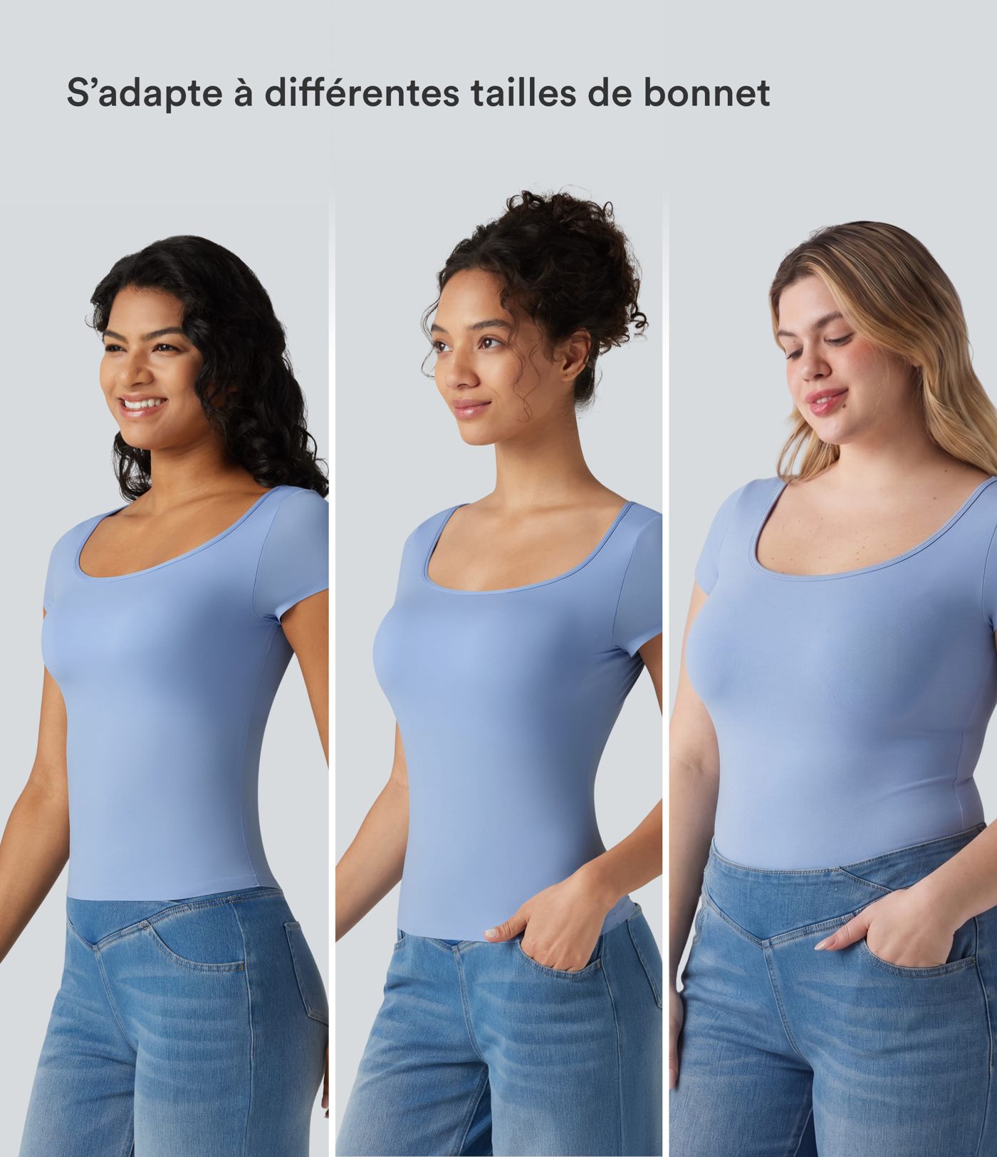 T-shirt décontracté à manches courtes, col carré, soutien-gorge intégré et grande élasticité, bonnets B à DD