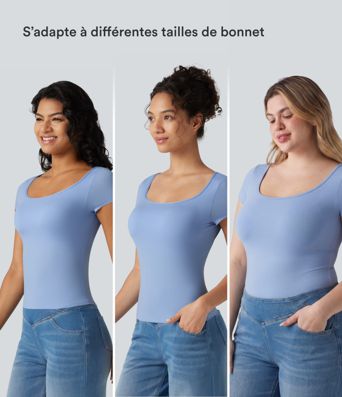 T-shirt décontracté à manches courtes, col carré, soutien-gorge intégré et grande élasticité, bonnets B à DD