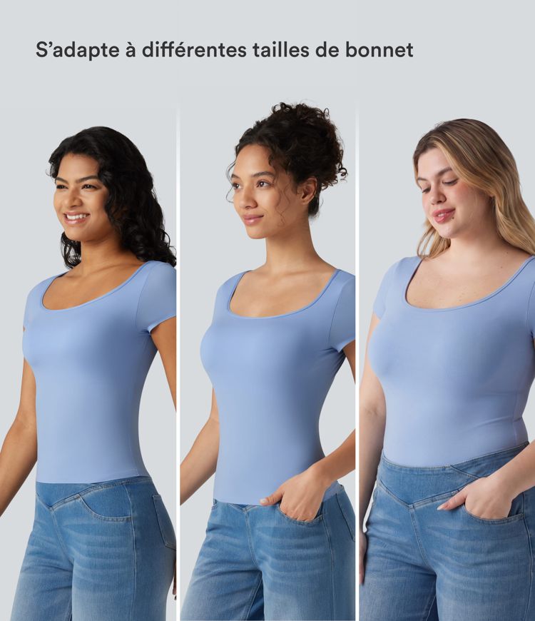 T-shirt décontracté à manches courtes, col carré, soutien-gorge intégré et grande élasticité, bonnets B à DD