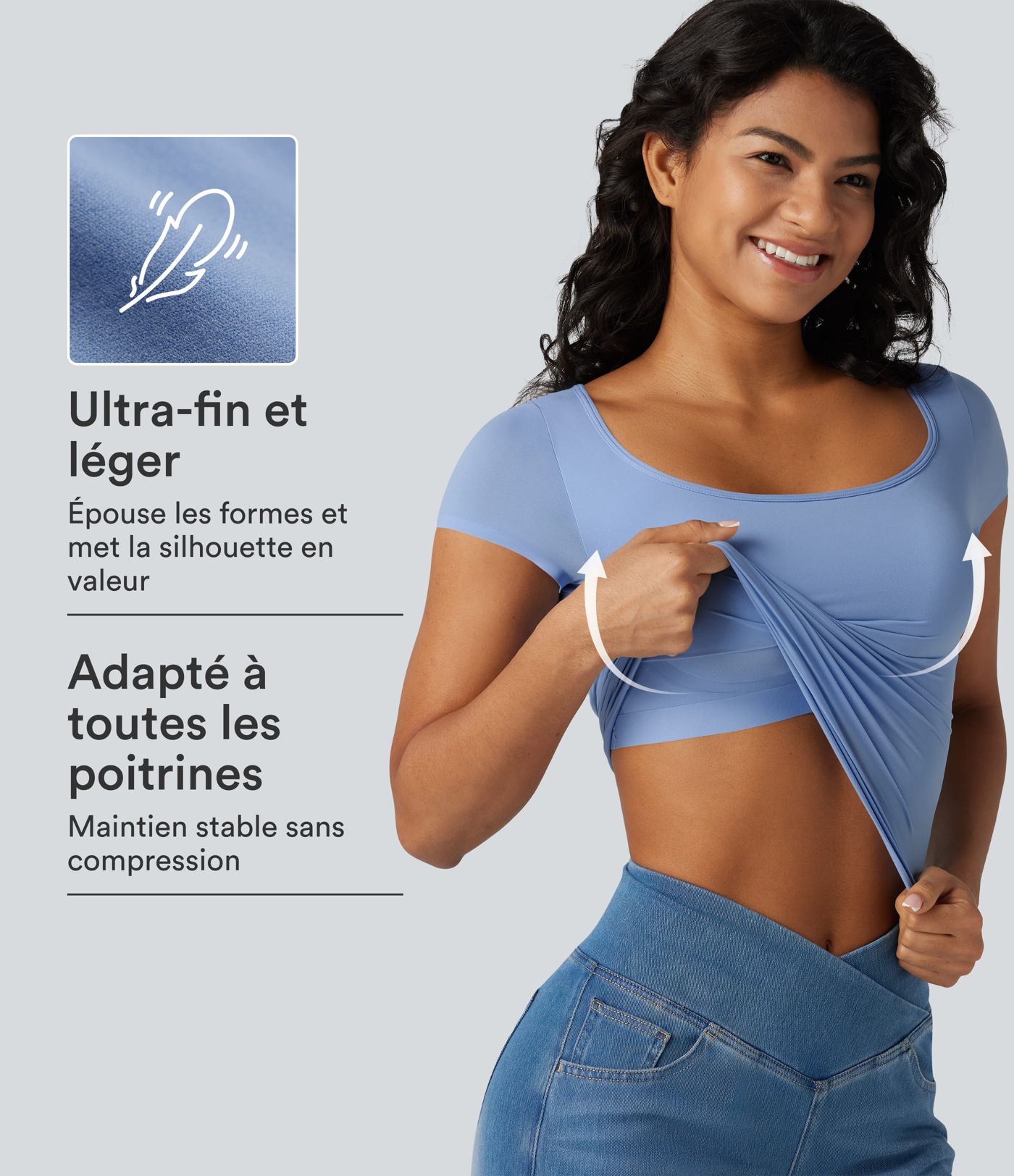 T-shirt décontracté à manches courtes, col carré, soutien-gorge intégré et grande élasticité, bonnets B à DD