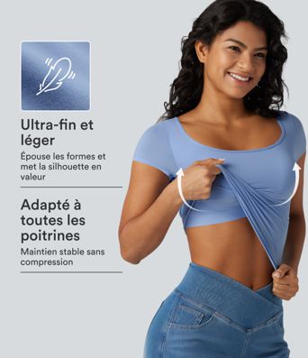 T-shirt décontracté à manches courtes, col carré, soutien-gorge intégré et grande élasticité, bonnets B à DD